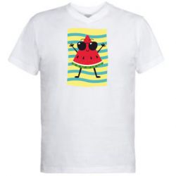 Мужская футболка  с V-образным вырезом Арбуз на пляже - PrintSalon