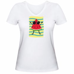 Женская футболка с V-образным вырезом Арбуз на пляже - PrintSalon