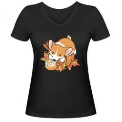 Женская футболка с V-образным вырезом Autumn Corgi - PrintSalon