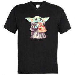 Мужская футболка  с V-образным вырезом Baby Yoda eats pizza - PrintSalon