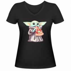 Женская футболка с V-образным вырезом Baby Yoda eats pizza - PrintSalon