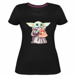 Женская премиум футболка Baby Yoda eats pizza - PrintSalon