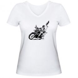 Женская футболка с V-образным вырезом Байкер на мотоцикле - PrintSalon
