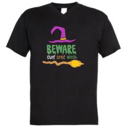Мужская футболка  с V-образным вырезом Beware cute little witch-PrintSalon Мужская футболка  с V-образным вырезом Beware cute little witch