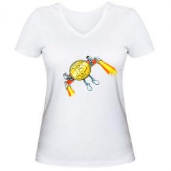 Женская футболка с V-образным вырезом Bitcoin into space - PrintSalon