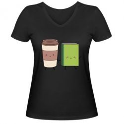 Женская футболка с V-образным вырезом Book & Coffee - PrintSalon