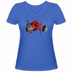 Женская футболка с V-образным вырезом Bull with a barbell - PrintSalon