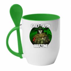 Чашка с ложкой Call of duty Warzone ghost green background - PrintSalon