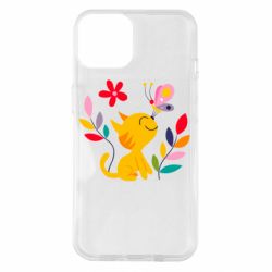 Чехол для iPhone 14 Cat, Flowers and Butterfly