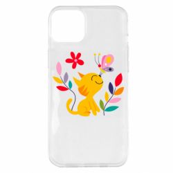 Чехол для iPhone 14 Plus Cat, Flowers and Butterfly - PrintSalon