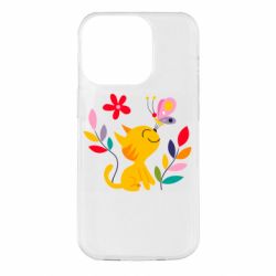 Чехол для iPhone 14 Pro Cat, Flowers and Butterfly - PrintSalon