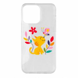 Чехол для iPhone 14 Pro Max Cat, Flowers and Butterfly - PrintSalon