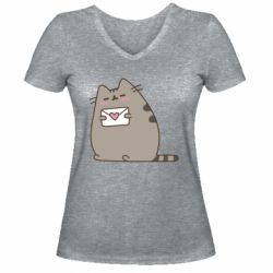 Женская футболка с V-образным вырезом Cat with a letter - PrintSalon