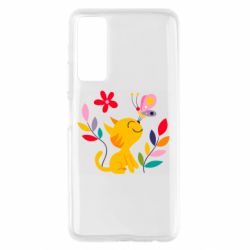Чехол для Huawei P Smart 2021 Cat, Flowers and Butterfly - PrintSalon