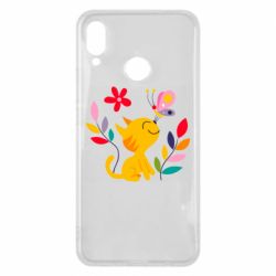 Чехол для Huawei P Smart Plus 2018 Cat, Flowers and Butterfly - PrintSalon