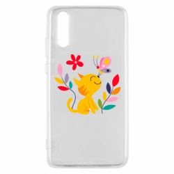 Чехол для Huawei P20 Cat, Flowers and Butterfly - PrintSalon