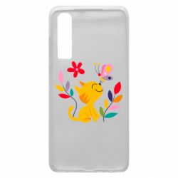 Чехол для Huawei P30 Cat, Flowers and Butterfly - PrintSalon
