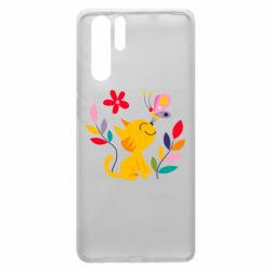 Чехол для Huawei P30 Pro Cat, Flowers and Butterfly - PrintSalon