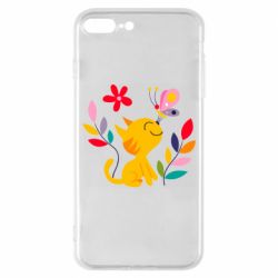 Чехол для iPhone 8 Plus Cat, Flowers and Butterfly - PrintSalon