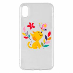 Чехол для iPhone X/Xs Cat, Flowers and Butterfly - PrintSalon