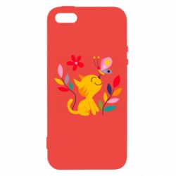 Чехол для iPhone5/5S/SE Cat, Flowers and Butterfly - PrintSalon