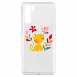 Чехол для Oppo A91/Reno3 Cat, Flowers and Butterfly - PrintSalon