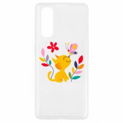 Чехол для Oppo Find X2 Cat, Flowers and Butterfly - PrintSalon