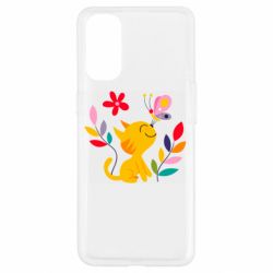 Чехол для Oppo Reno 4 Cat, Flowers and Butterfly - PrintSalon