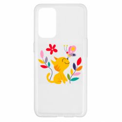 Чехол для Oppo Reno 5 4G Cat, Flowers and Butterfly - PrintSalon