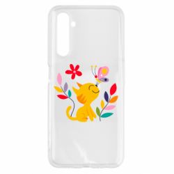 Чехол для Realme 6 Cat, Flowers and Butterfly - PrintSalon
