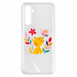 Чехол для Realme 6 Pro Cat, Flowers and Butterfly - PrintSalon