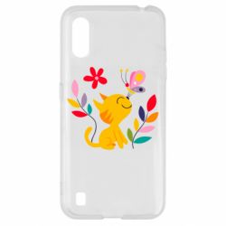 Чехол для Samsung A01/M01 Cat, Flowers and Butterfly - PrintSalon