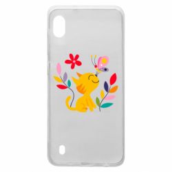 Чехол для Samsung A10 Cat, Flowers and Butterfly - PrintSalon