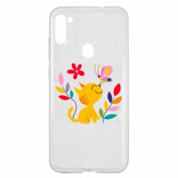 Чехол для Samsung A11/M11 Cat, Flowers and Butterfly - PrintSalon