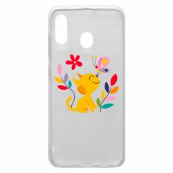 Чехол для Samsung A20 Cat, Flowers and Butterfly - PrintSalon