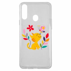 Чехол для Samsung A20s Cat, Flowers and Butterfly - PrintSalon