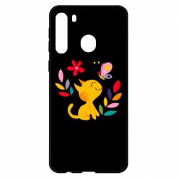 Чехол для Samsung A21 Cat, Flowers and Butterfly - PrintSalon