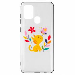 Чехол для Samsung A21s Cat, Flowers and Butterfly - PrintSalon