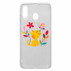 Чехол для Samsung A30 Cat, Flowers and Butterfly - PrintSalon