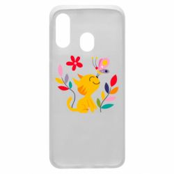 Чехол для Samsung A40 Cat, Flowers and Butterfly - PrintSalon