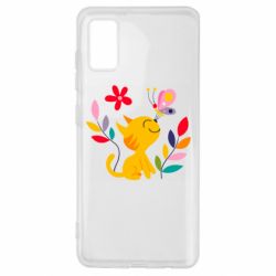 Чехол для Samsung A41 Cat, Flowers and Butterfly - PrintSalon