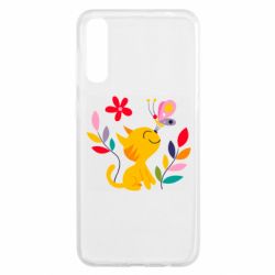 Чехол для Samsung A50 Cat, Flowers and Butterfly - PrintSalon