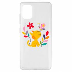 Чехол для Samsung A51 Cat, Flowers and Butterfly - PrintSalon