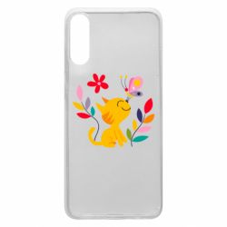 Чехол для Samsung A70 Cat, Flowers and Butterfly - PrintSalon