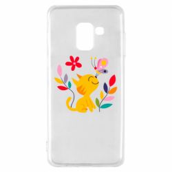 Чехол для Samsung A8 2018 Cat, Flowers and Butterfly - PrintSalon