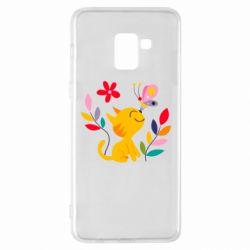 Чехол для Samsung A8+ 2018 Cat, Flowers and Butterfly - PrintSalon