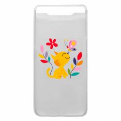 Чехол для Samsung A80 Cat, Flowers and Butterfly - PrintSalon
