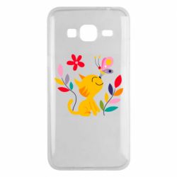 Чехол для Samsung J3 2016 Cat, Flowers and Butterfly - PrintSalon