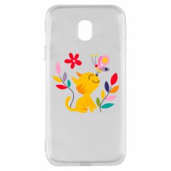 Чехол для Samsung J3 2017 Cat, Flowers and Butterfly - PrintSalon