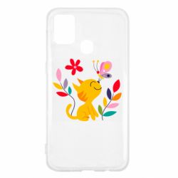 Чехол для Samsung M31 Cat, Flowers and Butterfly - PrintSalon